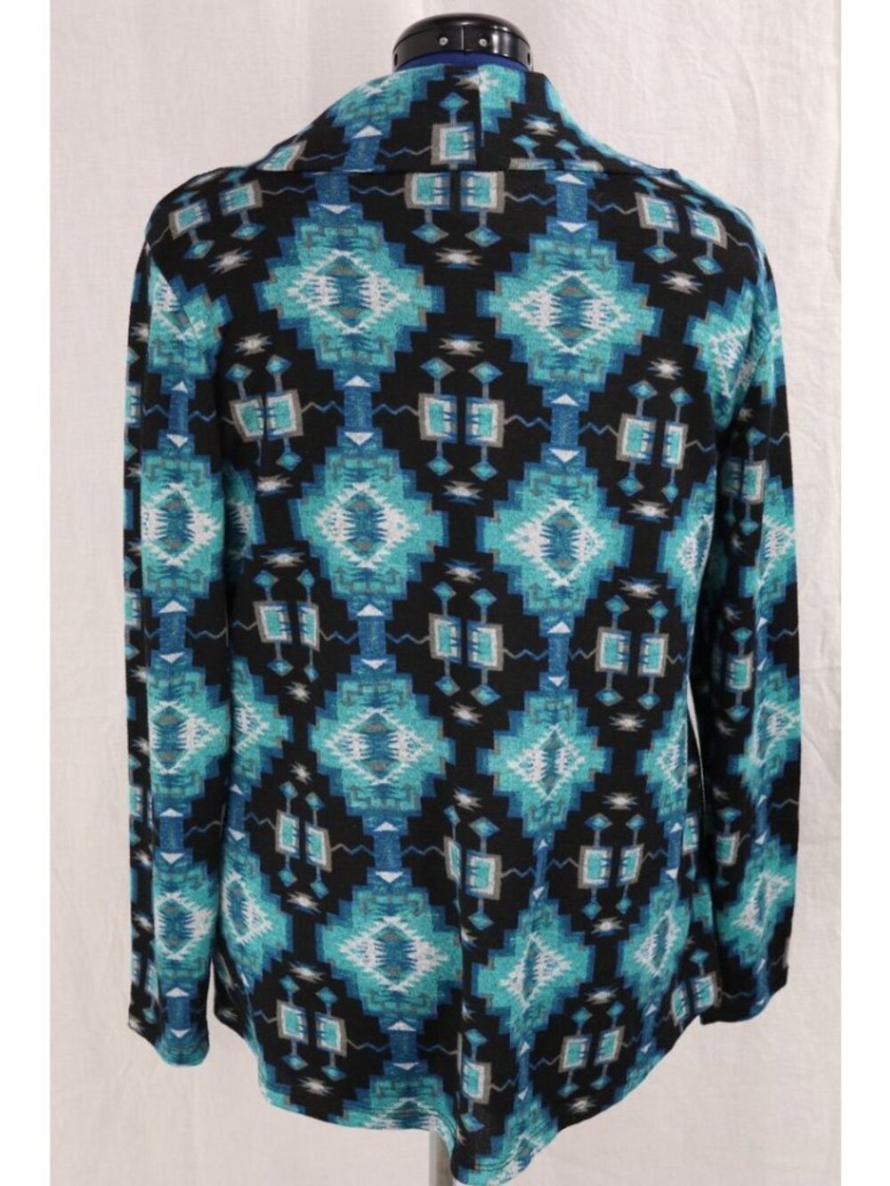 Aztec Southwestern Top Womens 1X Teal Black Cowl Neck Hoodie Kangaroo Pocket VTG - Picture 4 of 12